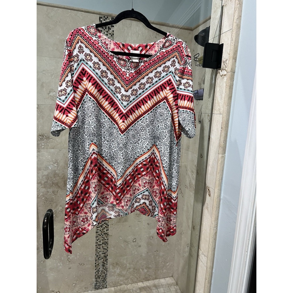 Chicos Tunic Women Sz 2 Jersey Geometric Print 3/4 Sleeve Asymmetrical Hem Top